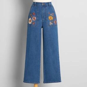 ModCloth x Princess Highway Floral Embroidered Wide-Leg Jeans SZ 8